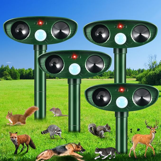 2026 Upgraded Solar Ultrasonic Animal Repellent Outdoor Deer Repellent Devices Cat Deterrent Motion Sensor IP65 Waterproof Repeller Keep Possum Skunk Rodent Squirrel Raccoon Out of Yard Farm,4 Pack