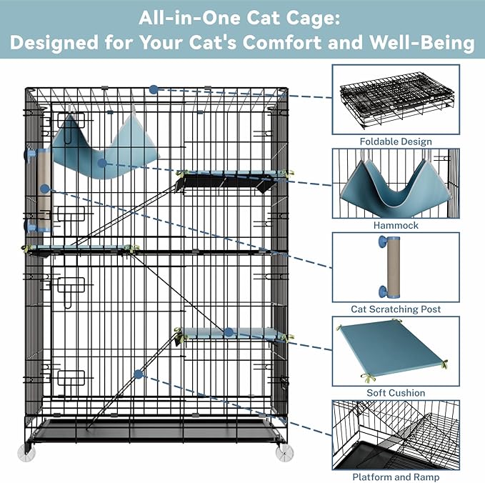 4-Tier Cat Cage Indoor: Large Cat Enclosure Pet Playpen Detachable Metal Wire Kennel Collapsible Crate with Scratching Post & Plush Pads & Hammock for Cats Kittens