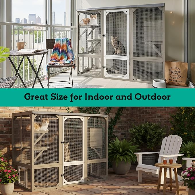 Large Catio Outdoor Cat Enclosure Window Access, Wooden Kitty Cage with Resting Room & 3 Platforms for Multiple Feral Cats, Cat House Attached to Window, Pet's Door for Patio Indoor