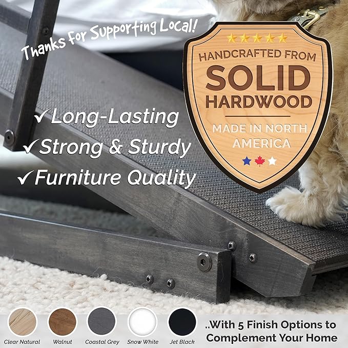 Dog Ramp for Bed, by DoggoRamps – Solid Hardwood Adjustable Dog Ramp for High Beds (up to 37" Tall) with Two-Tier Side Rails & Non-Slip Grip – Small Dog Bed Ramp up to 50lbs – 100% Made in N America
