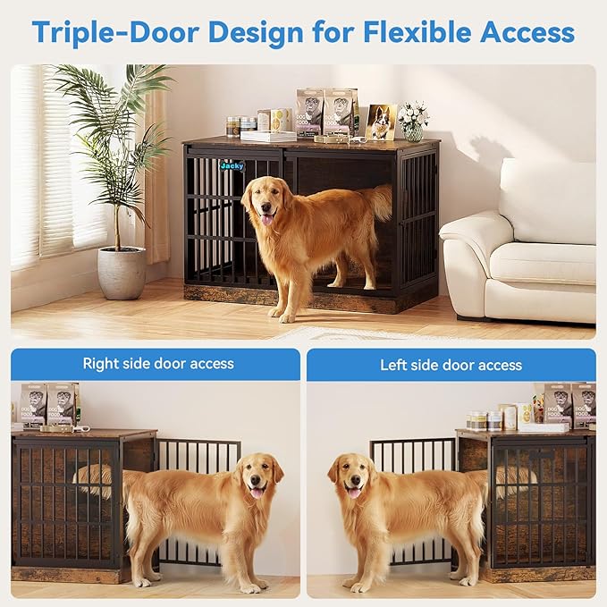 Petrova 47" Dog Crate Furniture for 1 Dogs, Heavy Duty Indoor Dog Kennel for Medium/Large Dogs, Wooden Dog Cage with Sliding Barn Door, Name Tag, Rustic Brown
