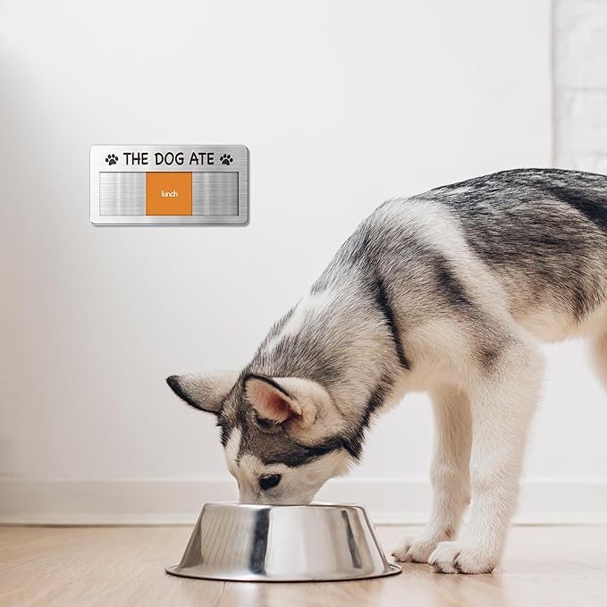 Dog Fed Sign- Dog Feeding Chart 3 Times A Day,Pet Feeding Reminder,Did You Feed The Dogs Tracker With Magnets and Double Sided Tape for Fridge, Prevent Over Feed, Brushed Silver