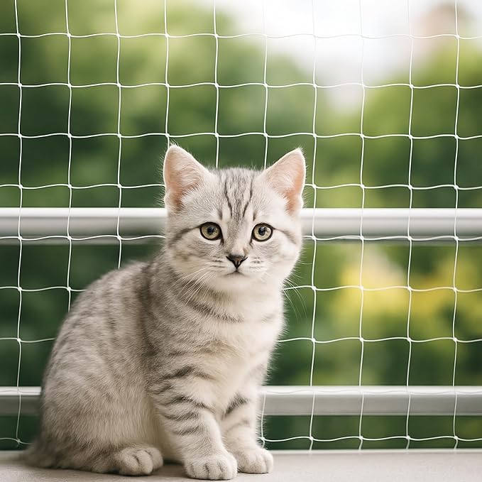 Cat Balcony Net – Transparent Nylon Safety Screen for Balconies, Windows, Patios & Catios; Apartment-Friendly Garden/Deck Netting; Weather-Resistant, Cut-to-Fit; Install Kit Included;（White）