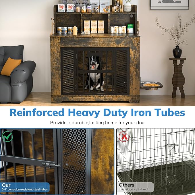 Petrova 33" Dog Crate Furniture for 1 Dogs, Heavy Duty Indoor Dog Kennel for Small/Medium Dogs, Wooden Dog Cage with 2 Stainless Steel Bowls, 4 Hooks, LED Light, Brown