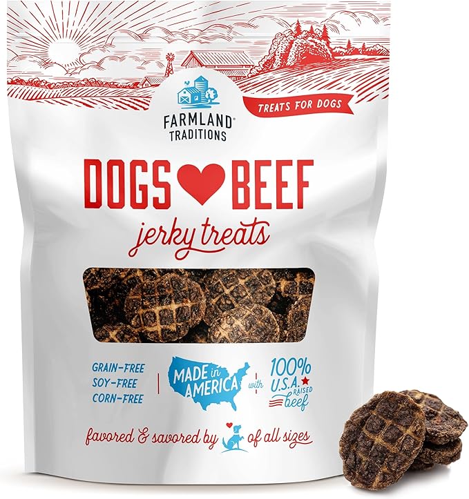 Farmland Traditions Dogs Love Beef Jerky Dog Treats with Only 3 Ingredients and No Fillers, 5 Ounce Bag