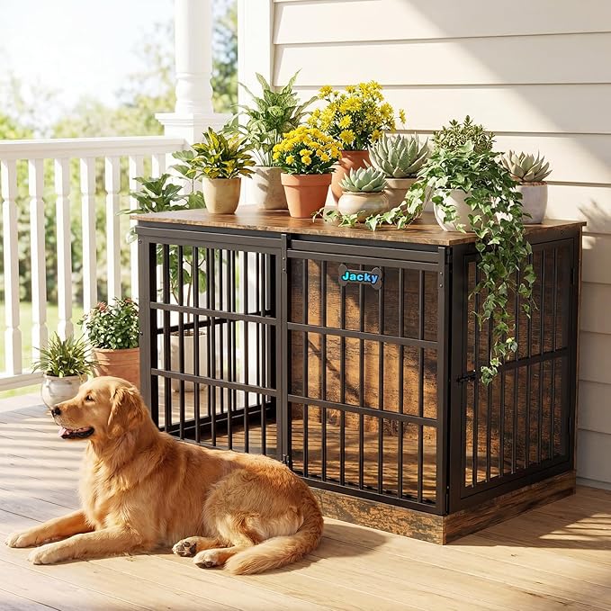 Petrova 47" Dog Crate Furniture for 1 Dogs, Heavy Duty Indoor Dog Kennel for Medium/Large Dogs, Wooden Dog Cage with Sliding Barn Door, Name Tag, Rustic Brown