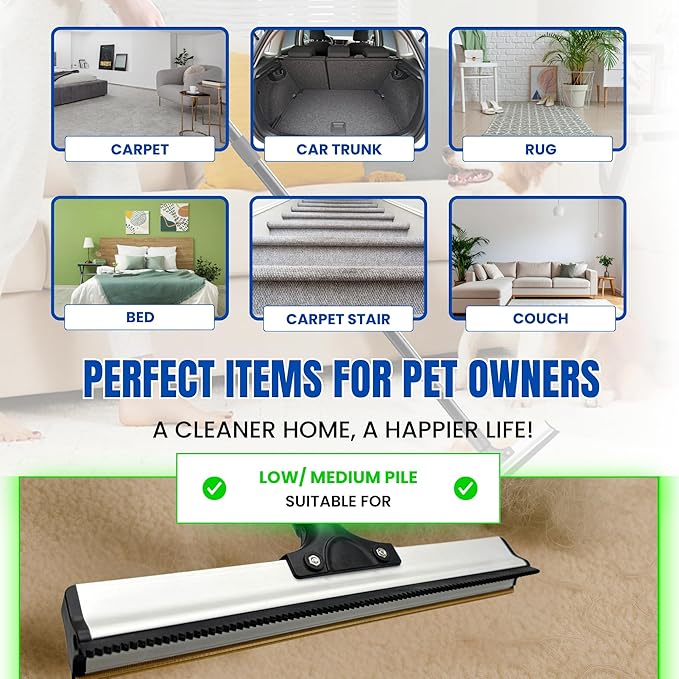 2025 Dual-Edge Carpet Rake for Pet Hair Removal & Fluffing Matted Carpet – 61" Adjustable Handle, Deep Clean Dog & Cat Hair Remover, Reusable Scraper for Rugs, Low Pile Carpet, Couch & Stairs