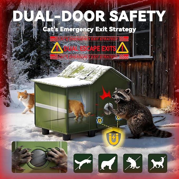 Heated Cat Shelter for Outside, Large Outdoor Cat House with Roof Window and Cozy Cushion, Weatherproof Foldable and Easy Assembly Design, Ideal for Stray and Feral Cats