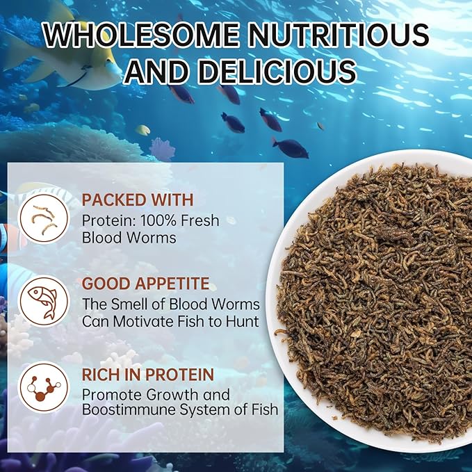 Freeze Dried Bloodworms Fish Food - High Protein Aquatic Food for Goldfish Betta Cichlids Guppies,Tropical & Saltwater Aquarium (30Z)
