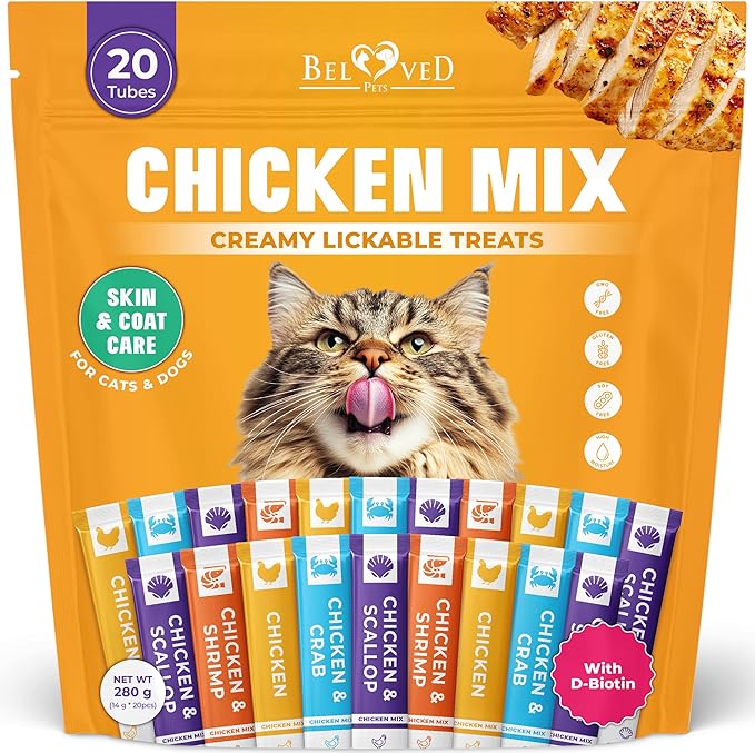Beloved Pets Creamy Lickable Cat Treats & Wet Food Squeeze Tubes – Liquid Kitten Snacks, Skin & Coat Health, Multivitamin Treats for Cats, & Small Dogs, Lick Up 20 Chicken Mix