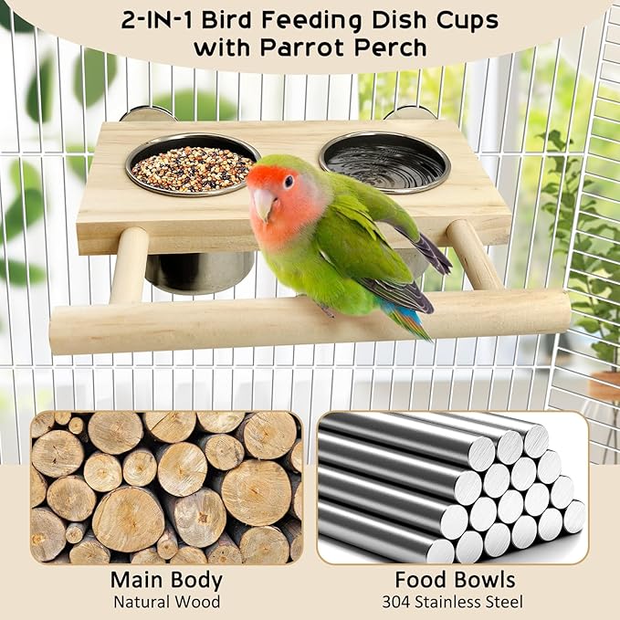 Tfwadmx Bird Feeding Dish Cups with Wooden Platform Hanging Stainless Steel Parrot Cage Feeder Bowl Wood Perch Stand for Parakeet Cockatiels Lovebirds Budgie (Small)