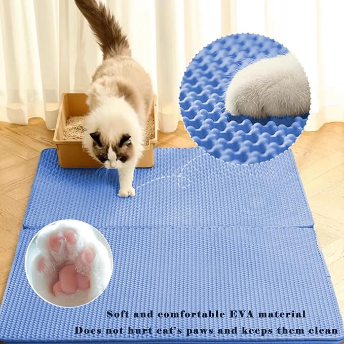 HCY&WLD Cat Litter Mat, Honeycomb Double Layer Cat Litter Trapping Mat, Waterproof Urine Proof Non-Slip, Scatter Control, Less Waste, Easier to Clean (Blue, 30" X 22")