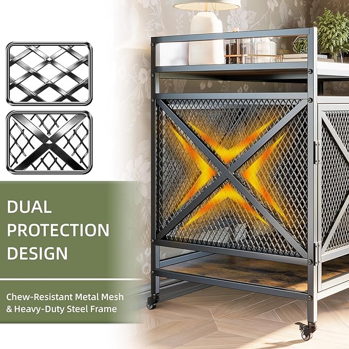 48 Inch Extra Large Furniture Dog Crate | COZPAW Heavy Duty Wooden Indoor Dog Kennel with Caster Wheels | Decorative Pet House End Table | Caramel Brown