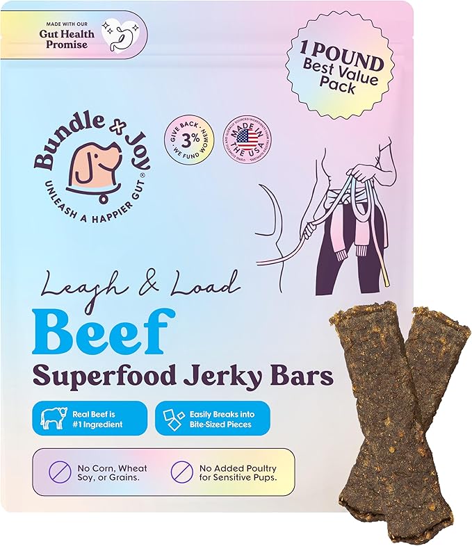 Bundle x Joy Leash & Load Beef Jerky for Dogs - 16 Oz Bag, Natural Superfood - Corn, Poultry, Soy & Grain Free Beef Dog Treats Made in USA Only