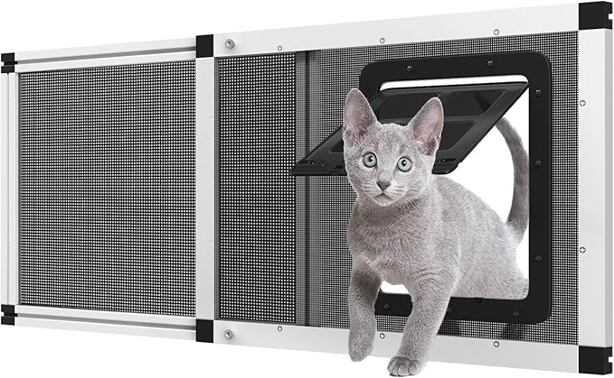 Ventilated Pet Door for Window, Fits 32"-38" Width Window, 2-Min Install | Aluminum Frame + Stainless Steel Mesh | Breathable Bug-Proof | Magnetic Closure Window Cat Door, Cat Door for Window Insert