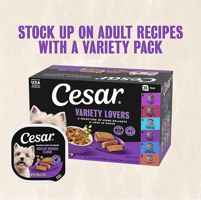 Cesar Home Delights & Classic Loaf in Sauce Wet Dog Food Variety Pack, 3.5 oz. Trays, 36 Count (Pack of 1)