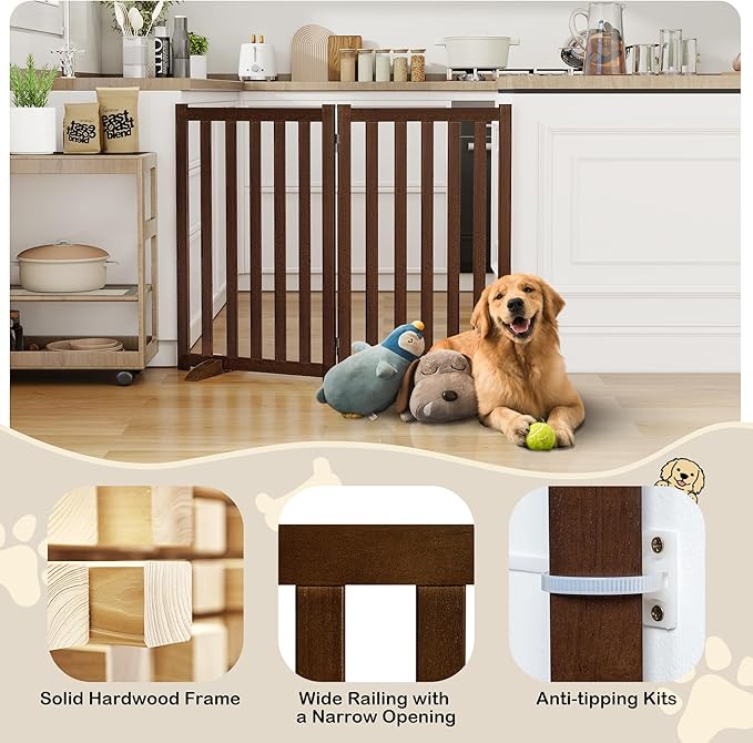 30" Height Tall Freestanding Pet Gate, Solid Wood Folding Safety Fence Wooden Dog Gate with 2 PCs Support Feet Ideal for Stairs, Doorways, Halls, Kitchens, Heavy Duty Gates, 2 Panels, Walnut