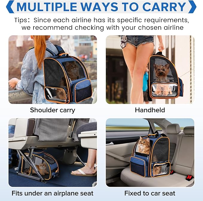 Discala Cat Backpack Carrier for Medium Small Dog Cat up to 20lbs, Pet Carrier Backpack, Ventilated Mesh Soft Sided Dog Backpack Carrier for Travel, Hiking, Outdoor Use - Blue