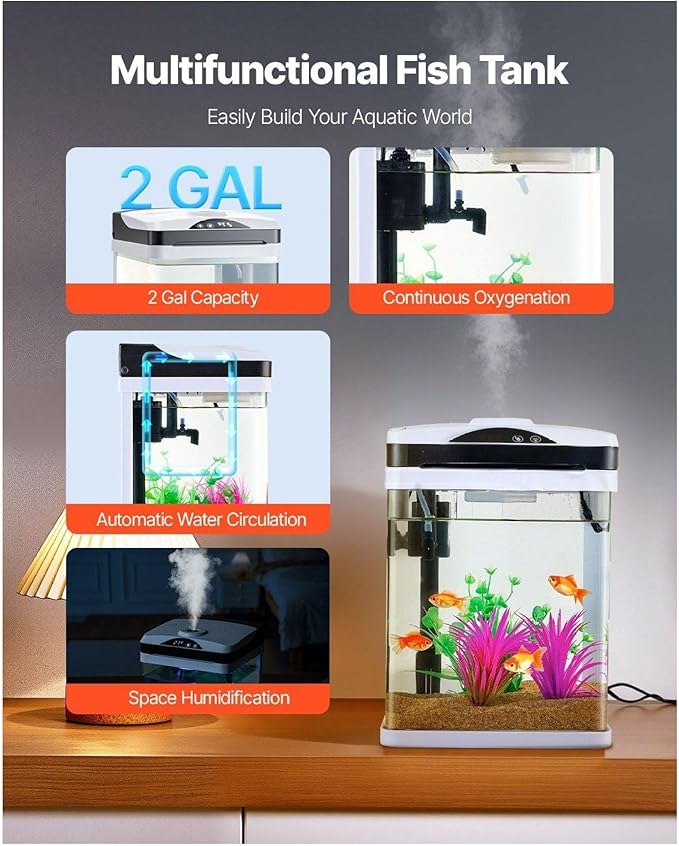2 Gallon Fish Tank Aquarium LED Smart Square Glass 7 Color Self Cleaning Starter Kit