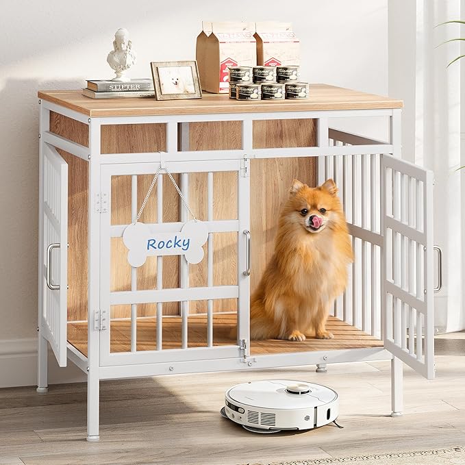 29 Inch Dog Crate Furniture, Heavy Duty Dog Kennel for Small or Medium Dogs, Double Doors Indoor Decor Pet House Cage, Anti Escape Wooden Dog Cage with Name Tag End Table, TV Stand, Beige