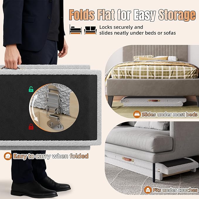 Dog Ramp for High Bed – 55" Extra-Long Wooden Pet Ramp with Soft Plush Fabric Cover & Safety Rails 16”–28”Adjustable Height for Tall Beds, Non-Slip Wide 17.7" Surface – Supports Large Dogs up