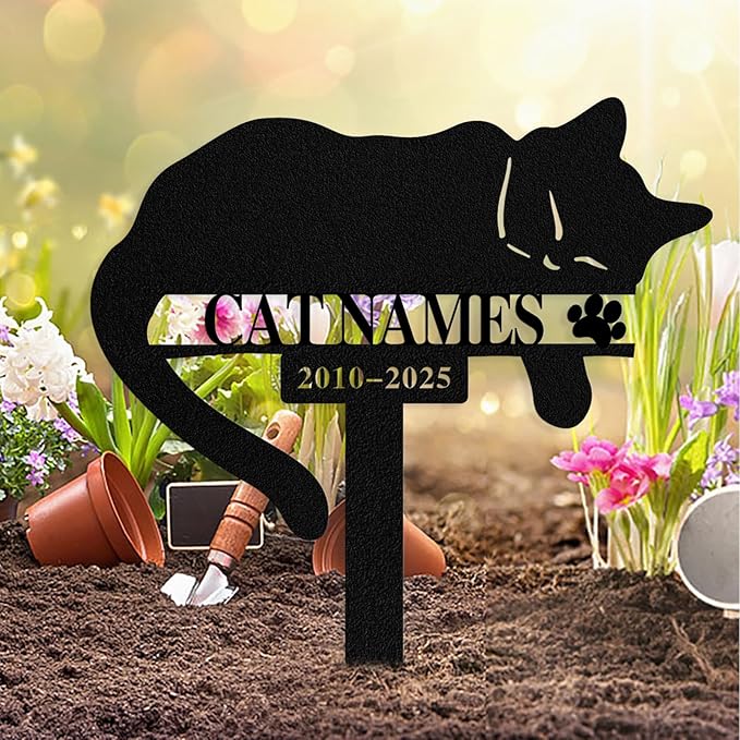 Custom Sleeping Cat Grave Marker Outdoor, Personalized Metal Cat Memorial Grave Stake with Name and Date, Outdoor Waterrproof Cats Memorial Plaque