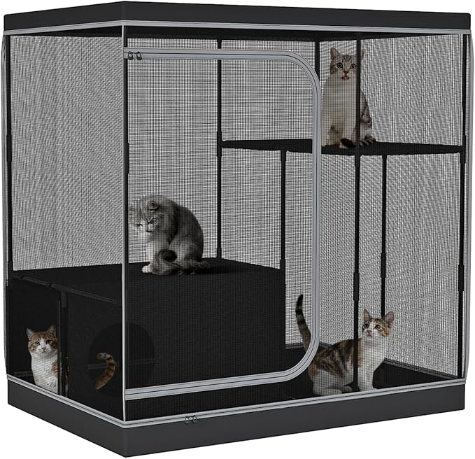 DINMO Large Cat Cage, Cat Enclosure Indoor with Litter Box, Cat Playpen for Adult Cats, Kittens & Small Animals, Multi-Level Kennel, Pet Playpen with Waterproof Floor, Black