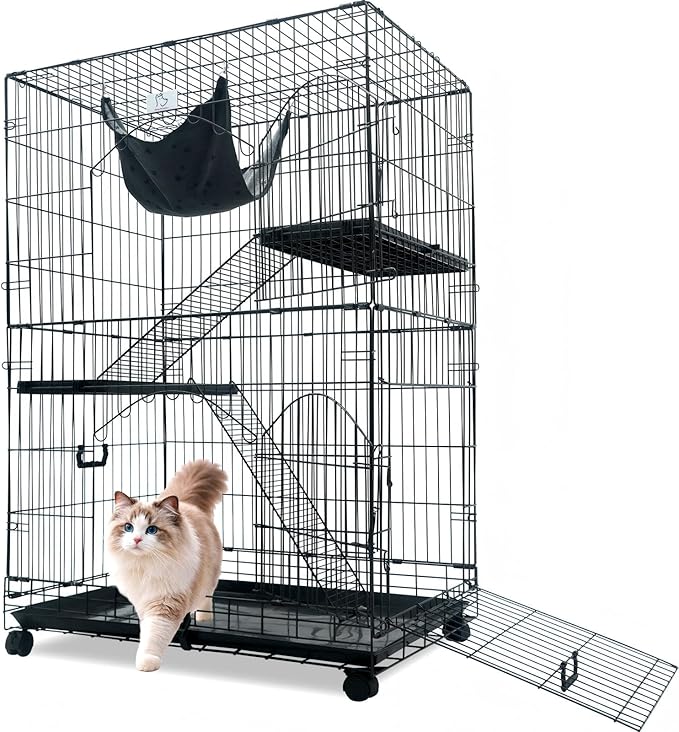 Homey Pet 51 Inch Cat Cages Indoor, 3-Tier Cat Crates for Indoor Cats, Collapsible Metal Wire Large Cat Kennel Big Multi-Level Kitten Crate with Wide Side Door, Plastic Platform, Ramp, 360° Wheel