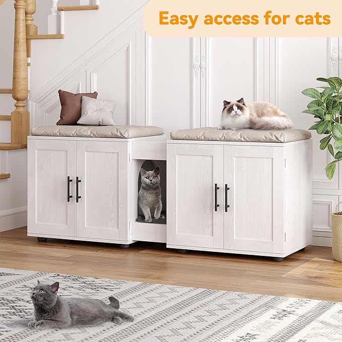 Garvee Cat Litter Box Enclosure for 2 Cats, 55" Hiddden Litter Box Enclosure Furniture 3-in-1 Wooden Litter Cabinet with Barn Door & Double Rooms for Bedroom Living Room,White