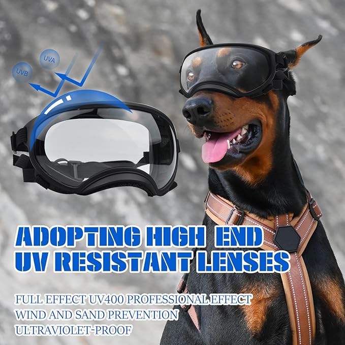 Pacify Dog Goggles for Large Dogs, UV Protection Dog Sunglasses with Adjustable Strap for Medium Large Dog Pet Glasses (Clear)