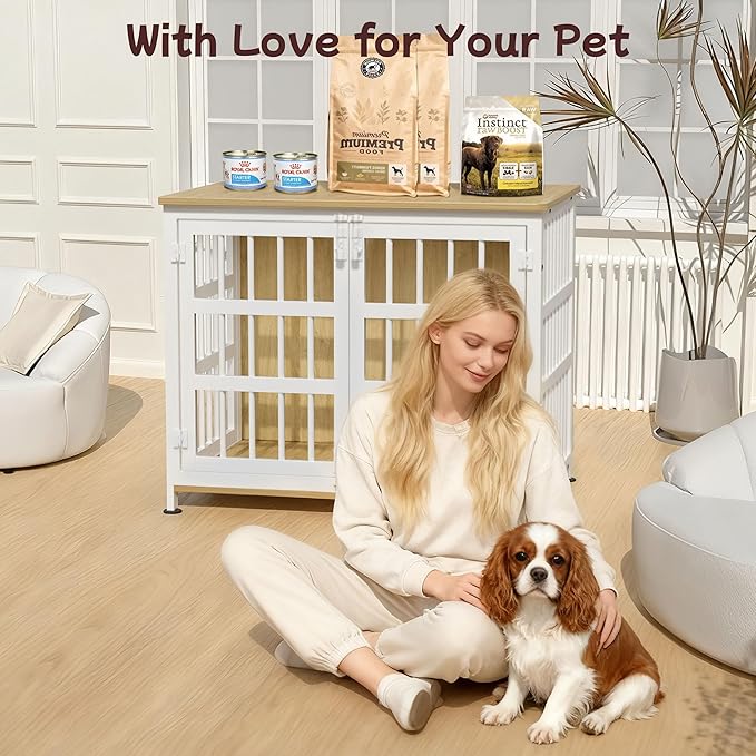 33" Dog Crate Furniture Large Breed Dog Crate Dog Kennels for Inside Wooden Dog Crates End Table Heavy Duty Indoor Combination Cage for Small, Medium Dogs Oak