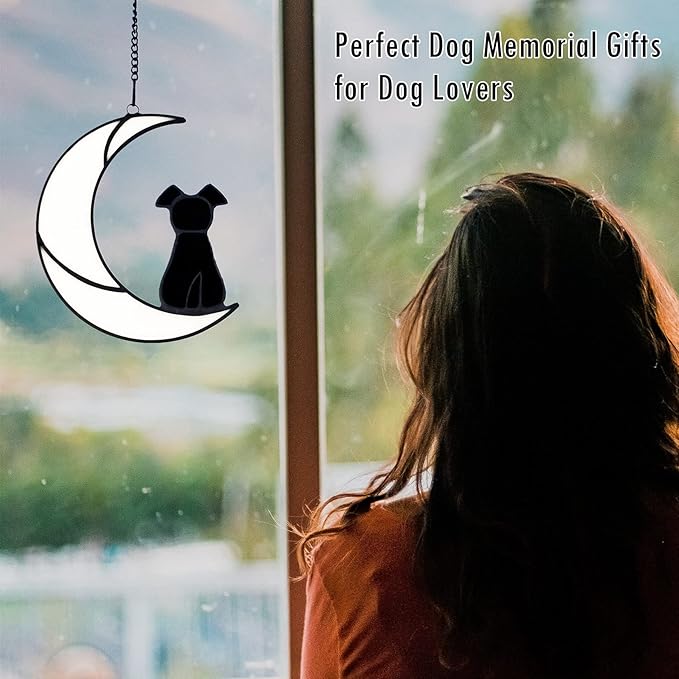 Stained Glass Rainbow Bridge Black Dog Memorial Gifts for Loss of Dog Sympathy Remembrance Suncatcher, Angel Wings Pet Loss Bereavement Gifts in Memory of Pet Passing Away Window Hanging.