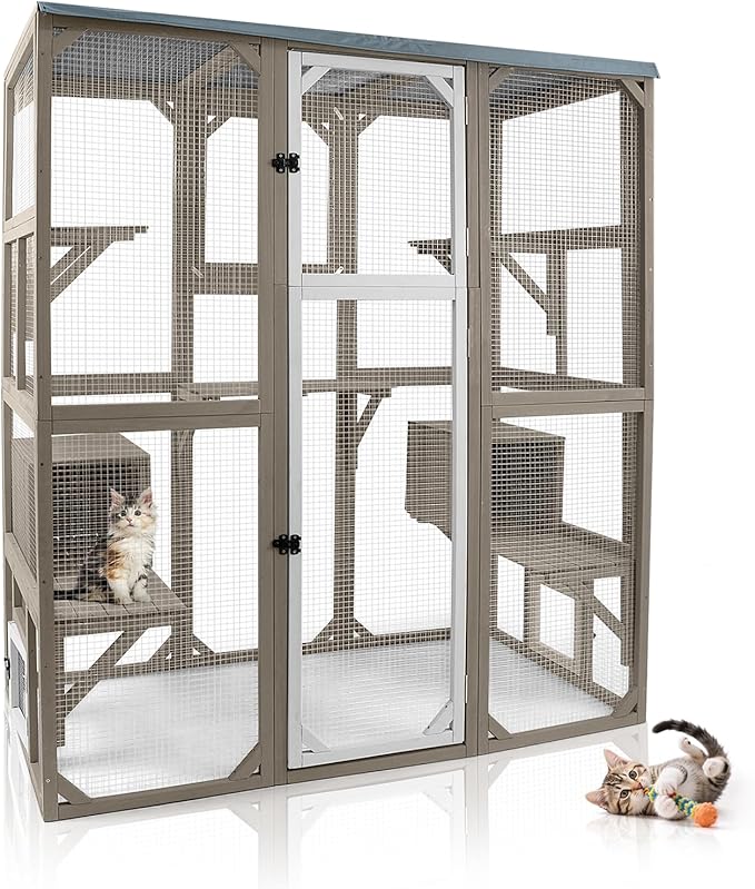Large Outdoor Cat Catio Enclosures, Wooden Catio Window Cat Patio for Cats Feral with 5 Platforms, 2 Resting Rooms, Waterproof Cover