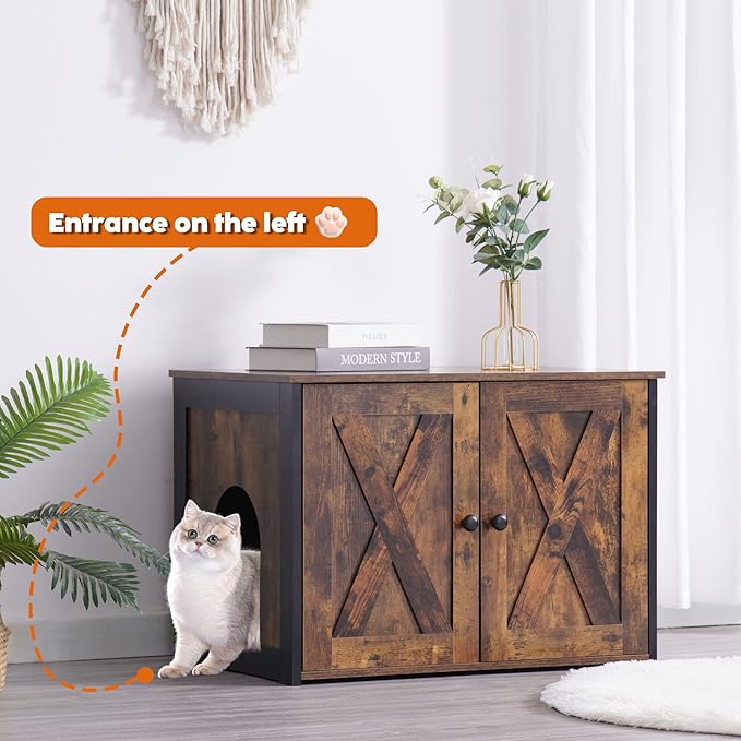 Dwanton Litter Box Enclosure, Cat Litter Box Furniture Hidden, Reversible Entrance Can Be on Left or Right Side, Wooden Cat Washroom Indoor, Rustic Brown, 27.6 Inches