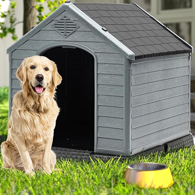 DWVO Plastic Dog House, Weatherproof Outdoor/Indoor Doghouse, Puppy Kennel with Air Vents and Elevated Floor