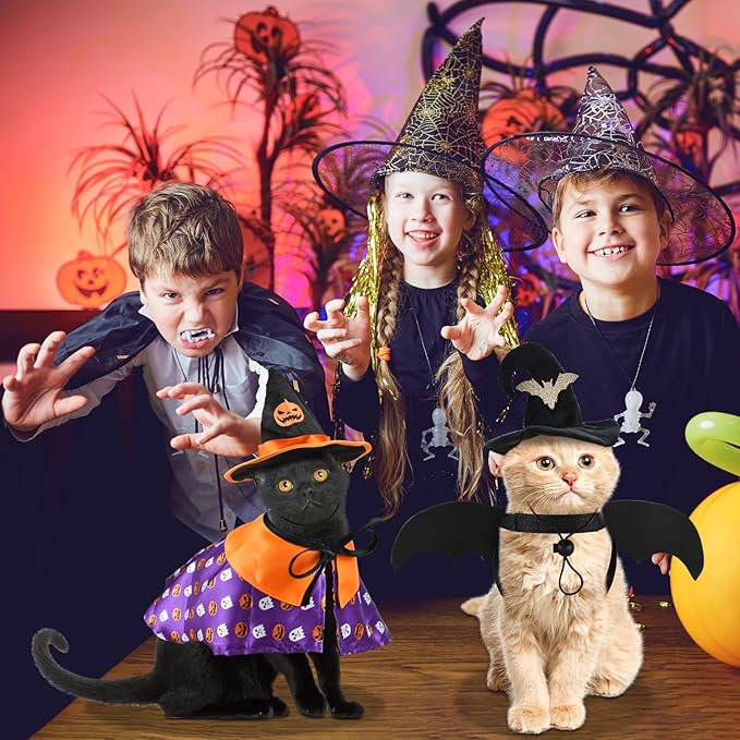 Halloween Pet Costumes Cat Wizard Costume Dog Funny Wizard Clothes Cat Bat Wings Wizard Hat Cute Pumpkin Cloak Outfits for Kittens Puppies