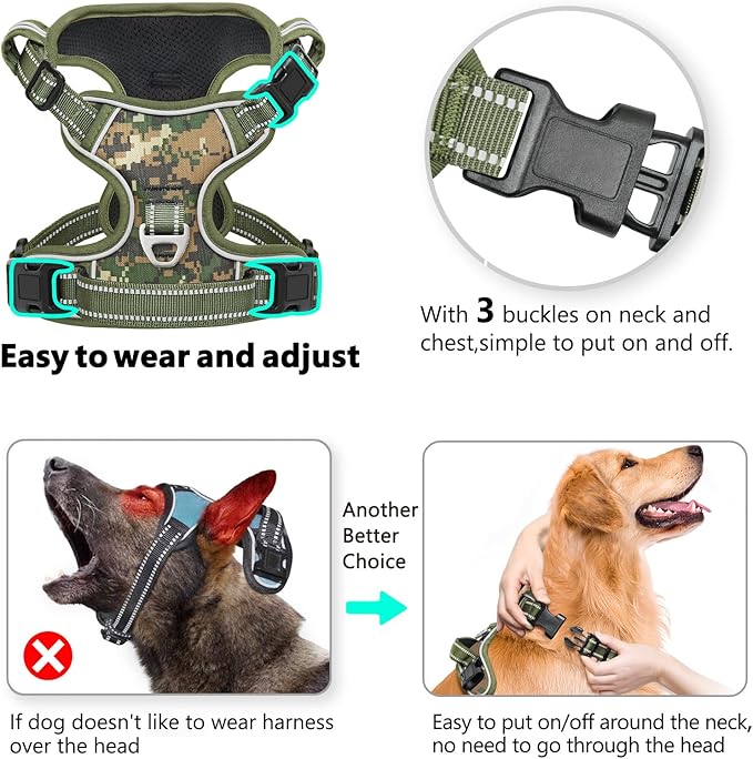 Timos Dog Harness Large Sized,No Pull Dog Harness Adjustable Metal Rings 3 Buckles,Reflective No Choke with Easy Control Handle for Large Dogs,Military Green L