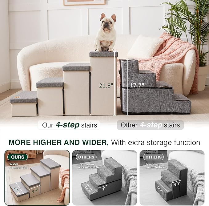 Love's cabin Dog Stairs for Small Medium or Large Dogs with Storage and Adjustable Steps, Foldable Cat Steps for Bed or Couch, 4-Step Gray Folding Ramp with Zip up to 200 lbs, Light Grey