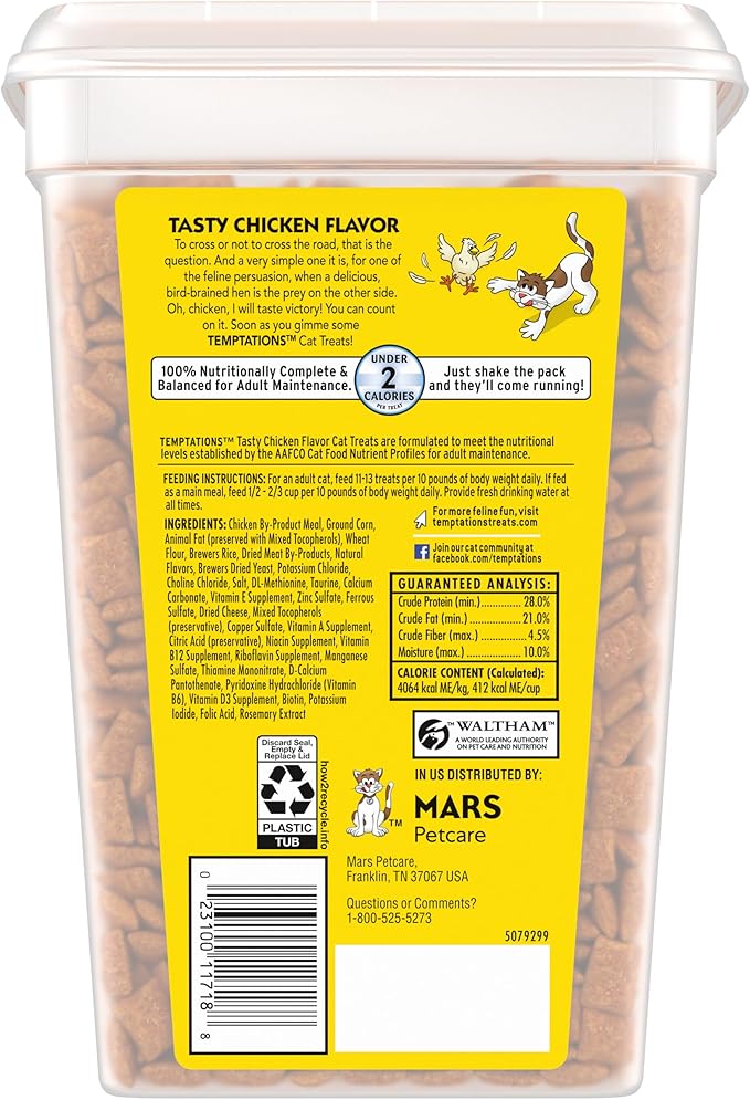 Temptations Cat Treats Classic Crunchy and Soft Cat Treats, Tasty Chicken Flavor, 30 oz. Tub
