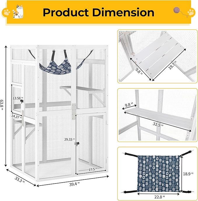 Catio Outdoor Cat Enclosure - Premium Wooden Cat Catio with Window Access & Breathable Mesh, Weatherproof Kitty House for Patio/Backyard/Indoor (White)