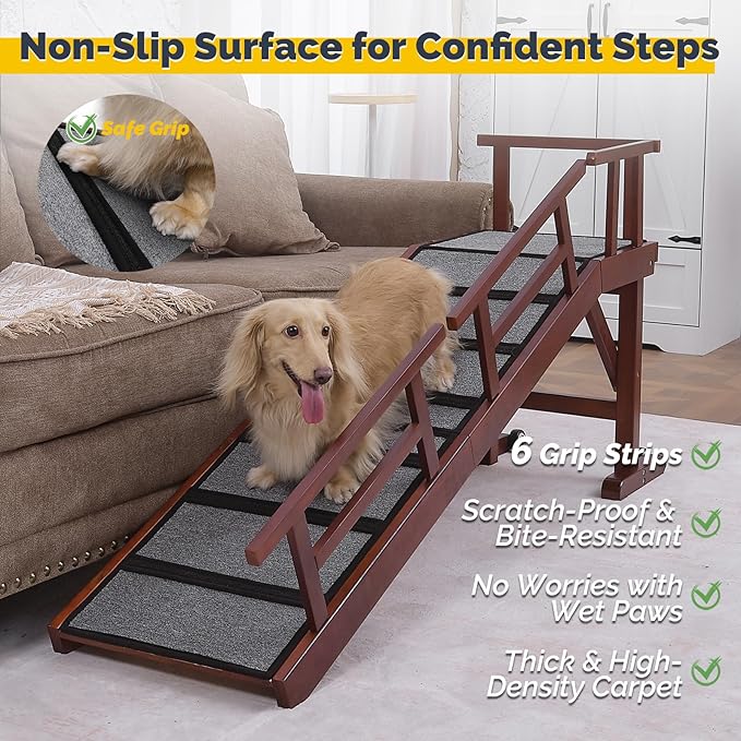 Dog Ramp for Bed or Couch, Wooden Pet Ramp with 20° Gentle Slope, Removable Side Rails, Non-Slip Surface, Top Platform & Wheels, Safe Bed Ramp for Small, Large & Senior Dogs, 60" Long, Mahogany