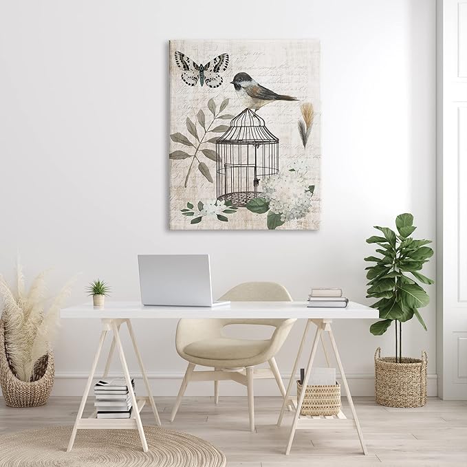 Stupell Industries Botanical Bird Cage Vintage Words Butterfly Motif Canvas Wall Art, Design By Nan