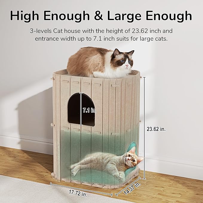 FUKUMARU Cat House for Indoor Cats, 23.62 Inch Large Cat Bed Cave Condo, 2-Storey Cozy Felt Covered Cats Tunnel Kitten Hideaway for Multicats, Scratch Resistant, Beige