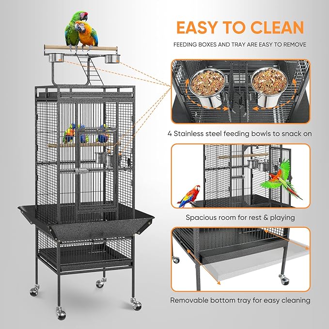 LEMY 61 inch Iron Play Top Bird Cage Large Pet Cage Birdcage with Stand Chinchilla Macaw Cockatiel Cockatoo Finch Parakeet Pet House (61 inch)