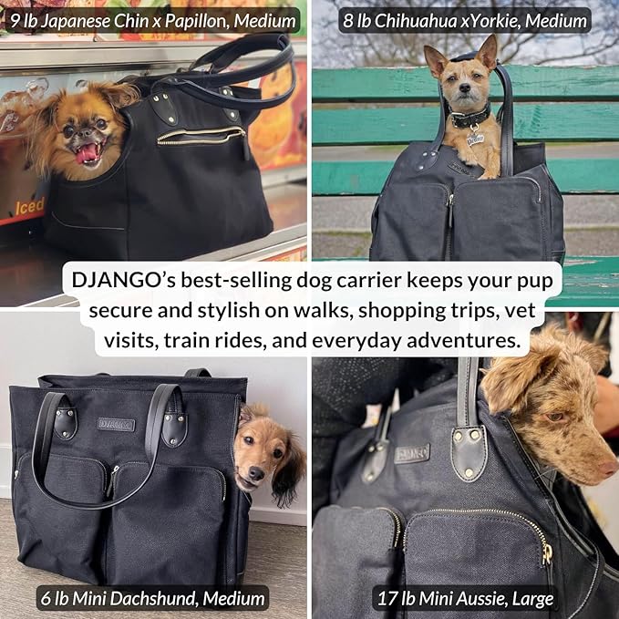 DJANGO Waxed Canvas & Leather Dog Carrier Tote Bag – Premium Soft-Sided Travel Dog Purse with Safety Leash, WR Lining, Zipper Pockets – Everyday Pet Carrier for Small Dogs up to 20 lbs (Black, Large)