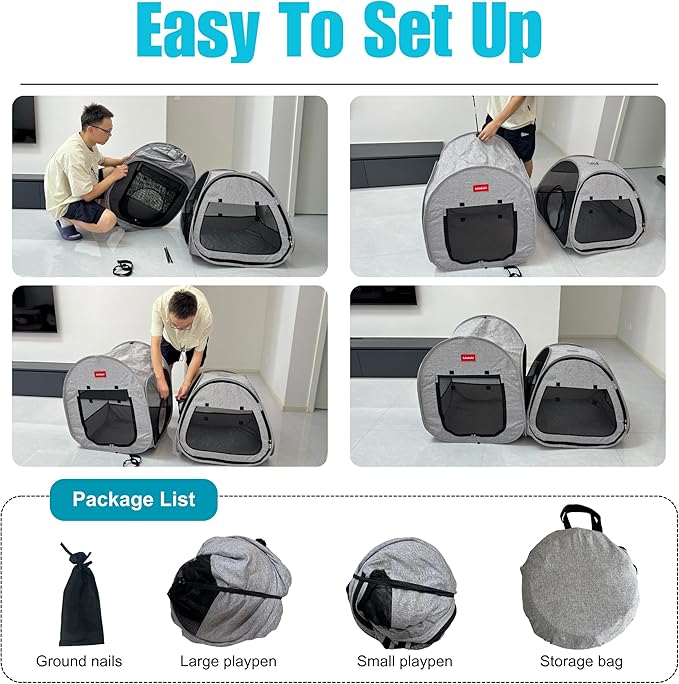 Portable Cat Playpen 2-Room, 2-in-1 Pop-up Cat Dog Crate Play Enclosure with Separate Areas, Foldable Pet Playpen for Puppy Kitten and Small Animals Indoor Outdoor