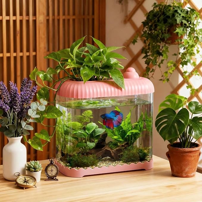 Geelin Pink 2.5 Gallon Plastic Aquaponic Betta Fish Tank Large Bowl Shatterproof Small Ecosystem Aquarium with Secure Buckle Lid, Clear Clarity for Terrarium, Flower Vase Betta Fish Tabletop Gifts