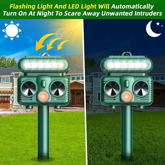 2 Pack Solar Cat Repellent Outdoor, Solar Ultrasonic Animal Repellent Outdoor with Motion Detection, Flashing Light Deer Deterrent Device to Repel Dog Squirrel Rabbit Raccoon Skunk for Yard Farm