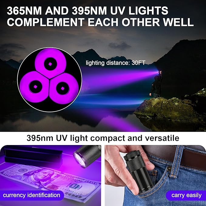 365nm Rechargeable UV Flashlight with Filter Lens, 30W Powerful Black Light, Ultraviolet UV Led Torch for Air Conditioner Leak Detection/Pet Urine Detection/Rocks Scorpion Hunting/Camping