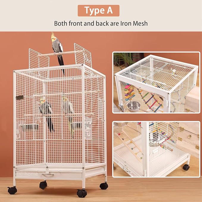 xixi-home Parrot Cage,Metal Bird Cage Ornamental Cage -with Play Top and Wheel,Large Birdcage Flight Cages for Outdoors for Parakeet,Lovebirds,Cockatiels(Type A - White)